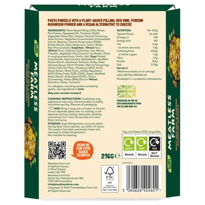 Meatless Farm - Plant-Based Beef and Porcini Mushroom Girasole, 180g - Back