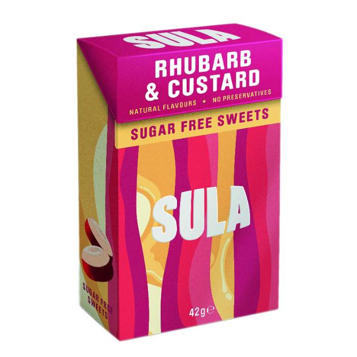 Sula - Sugar Free Sweets Rhubarb & Custard, 42g  Pack of 14
