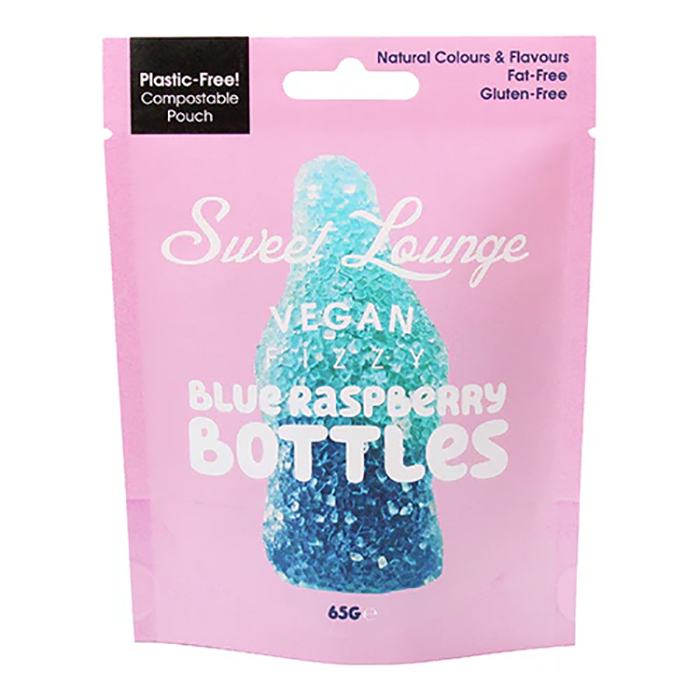 Sweet Lounge - Vegan Fizzy Blue Raspberry Bottles Pouch, 65g - Pack of 10