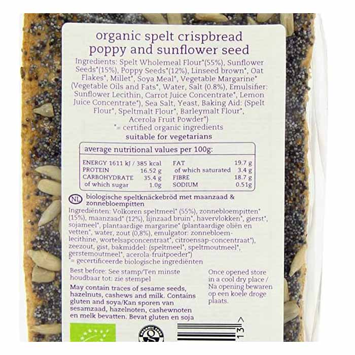 Amisa - Organic Spelt Crispbread - Poppyseed & Sunflower, 200g - back