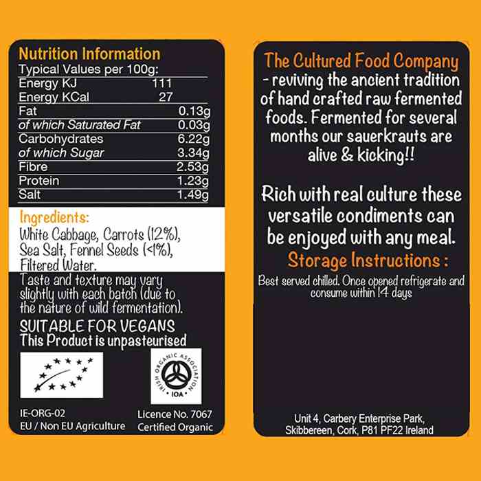 Cultured Food Company - Organic Carrot & Fennel Raw Sauerkraut, 400ml - back