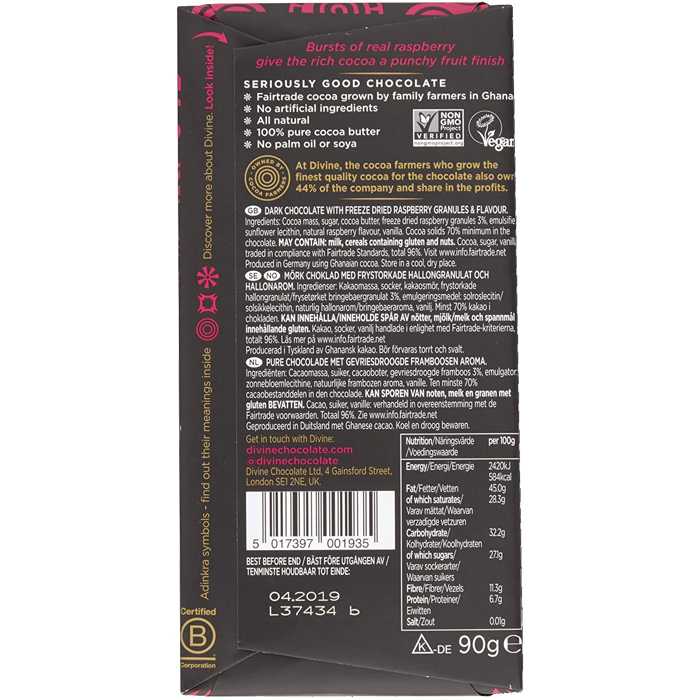 Divine - 70% Dark Chocolate with Raspberries, 90g - Nutritions