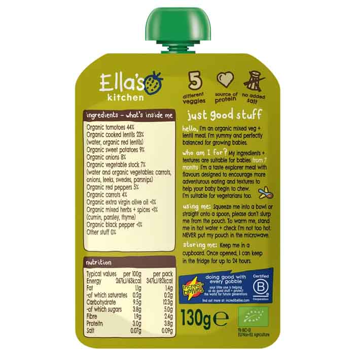 Ella's Kitchen - Organic Vegetable Bake & Lentils, 130g  Pack of 6 - back