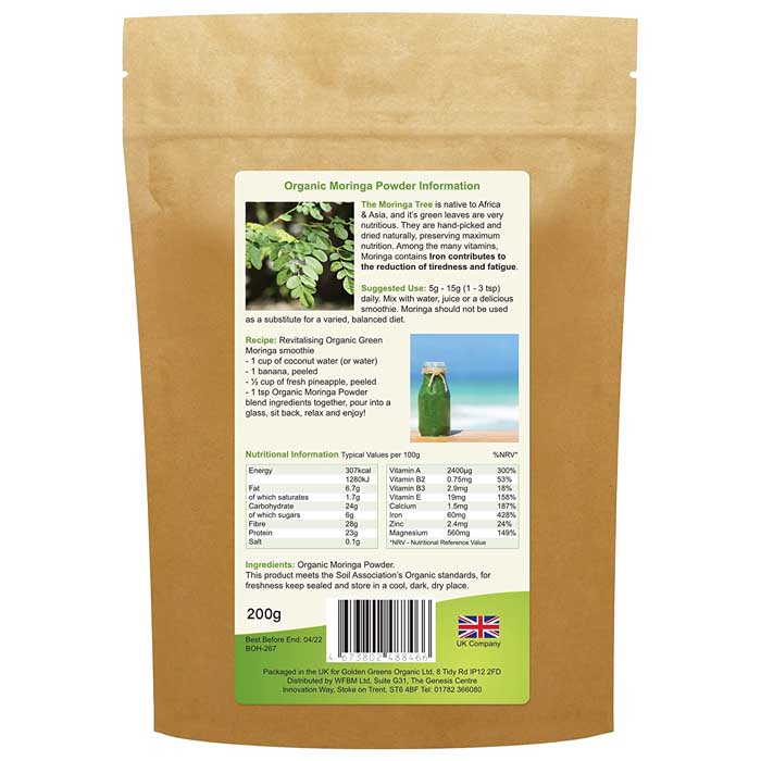 Golden Greens Organic - Organic Moringa Powder, 200g - back