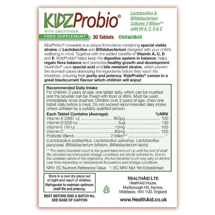 HealthAid - Kidz Probio (2Billion), 30 Chewable Tablets - back