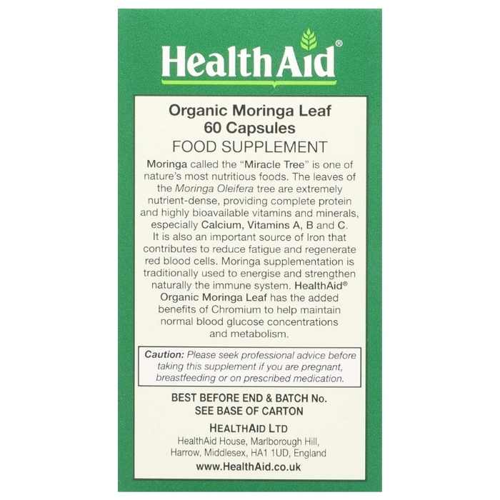 HealthAid - Organic Moringa Leaf, 60 Capsules - back