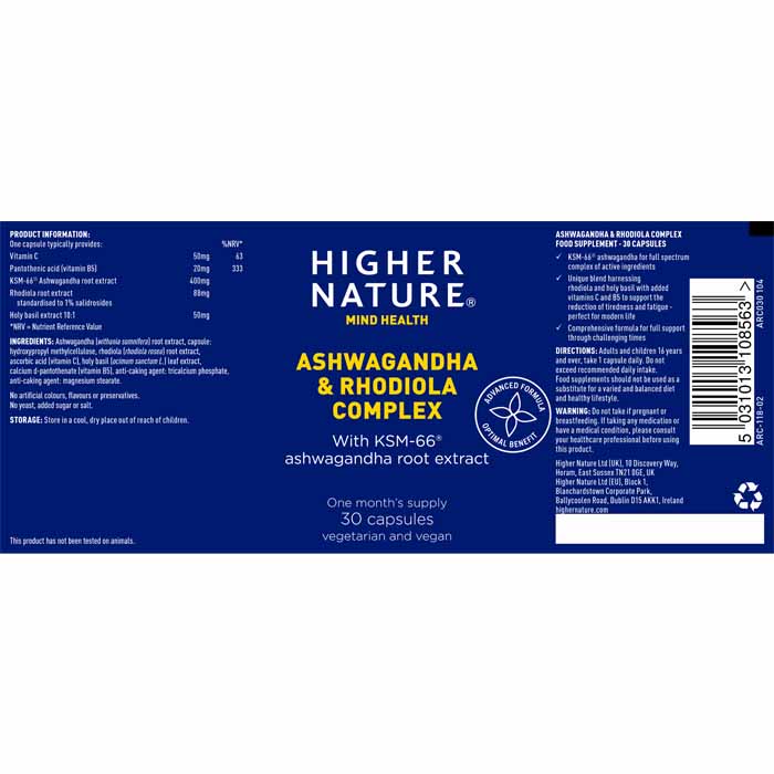 Higher Nature - Ashwagandha & Rhodiola Complex, 30 Capsules - back