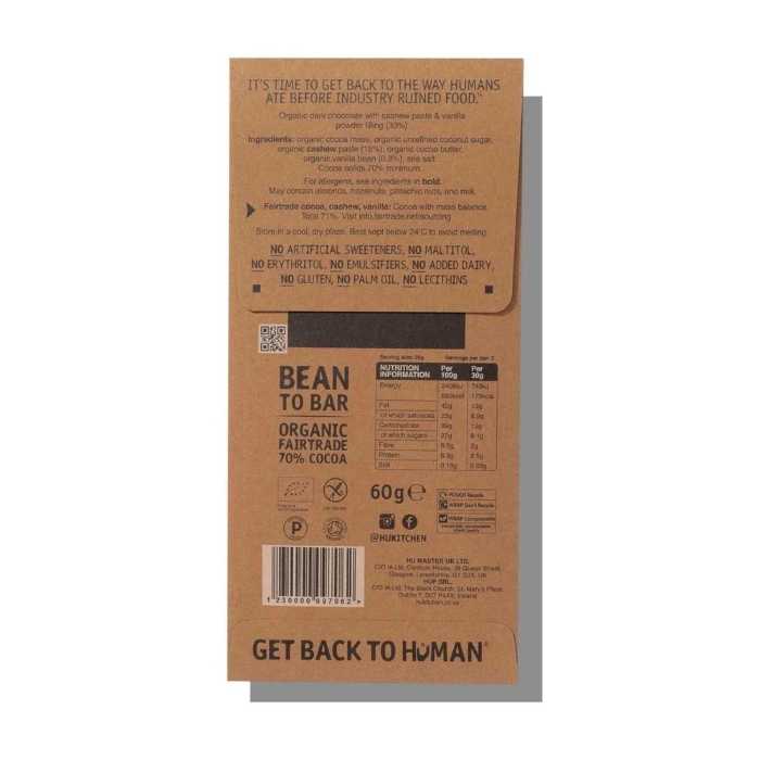 Hu - Organic Cashew Butter Dark Chocolate Bar 70% pure vanilla bean back