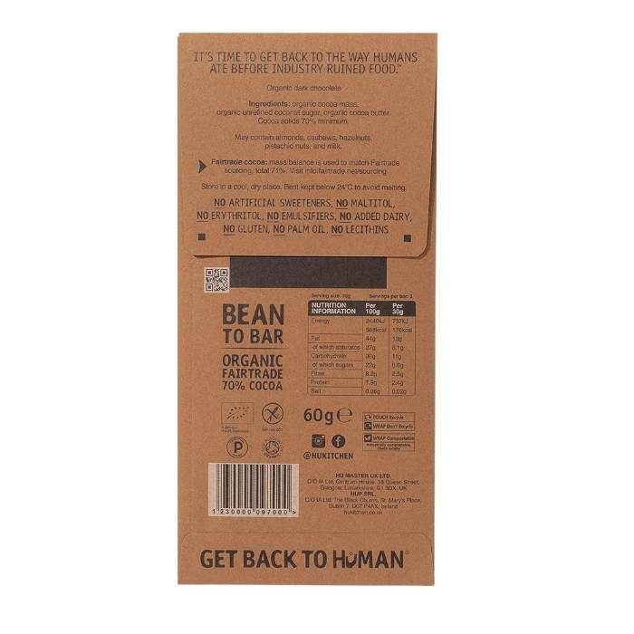 Hu - Organic Dark Chocolate Bar 70%, 60g - Simple - Back