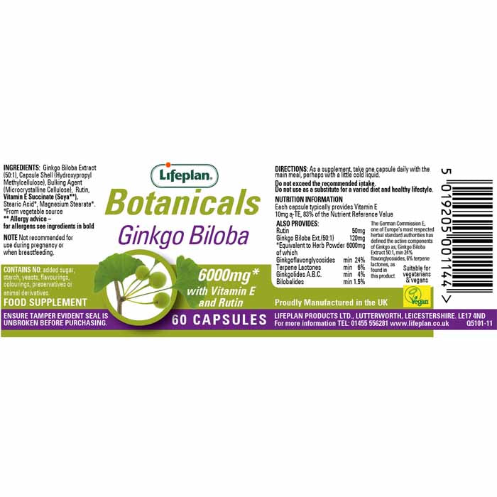 Lifeplan - Ginkgo Biloba 6000mg, 60 Capsules - back