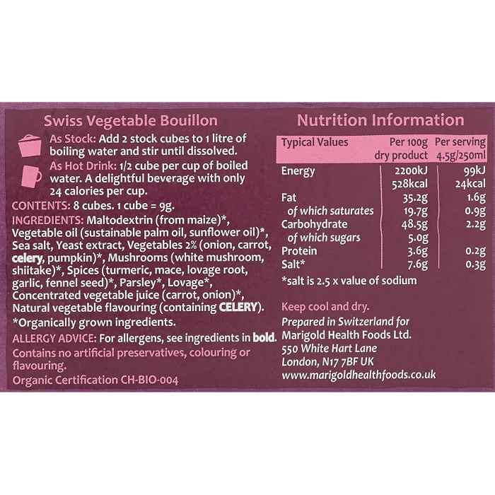 Marigold - Organic Swiss Vegetable Bouillon Cube Low Salt, 72g back