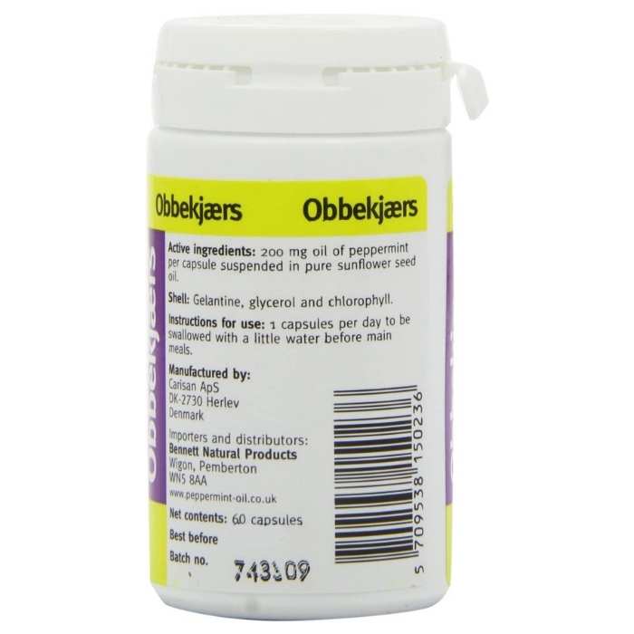 Obbekjaers - Peppermint Capsules 200mg 60 Capsules - back