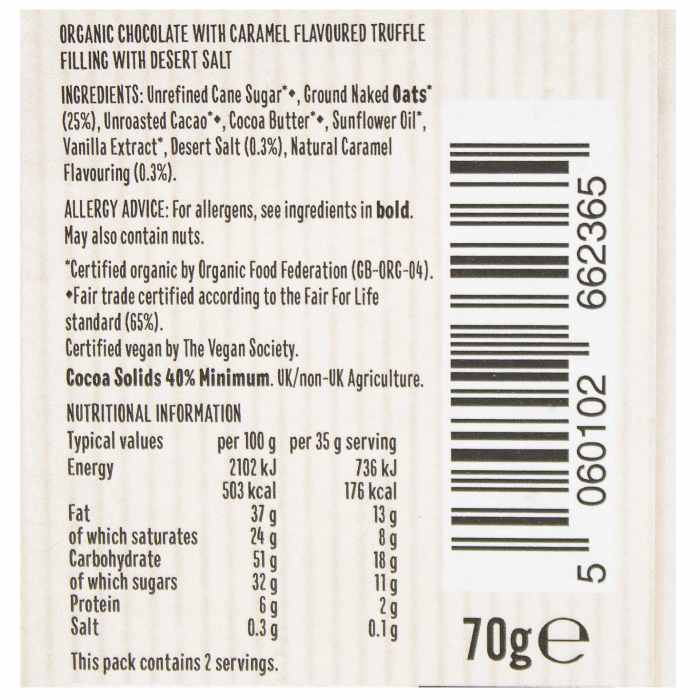 Ombar - Oat Milk Chocolate Bar Salted Caramel Truffle, 70g facts