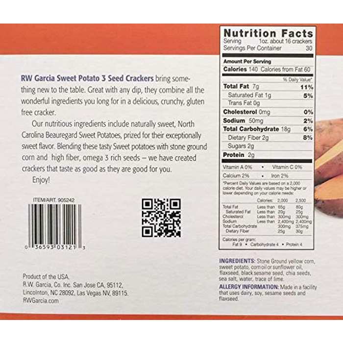 R.W Garcia - Sweet Potato Crackers, 180g - back