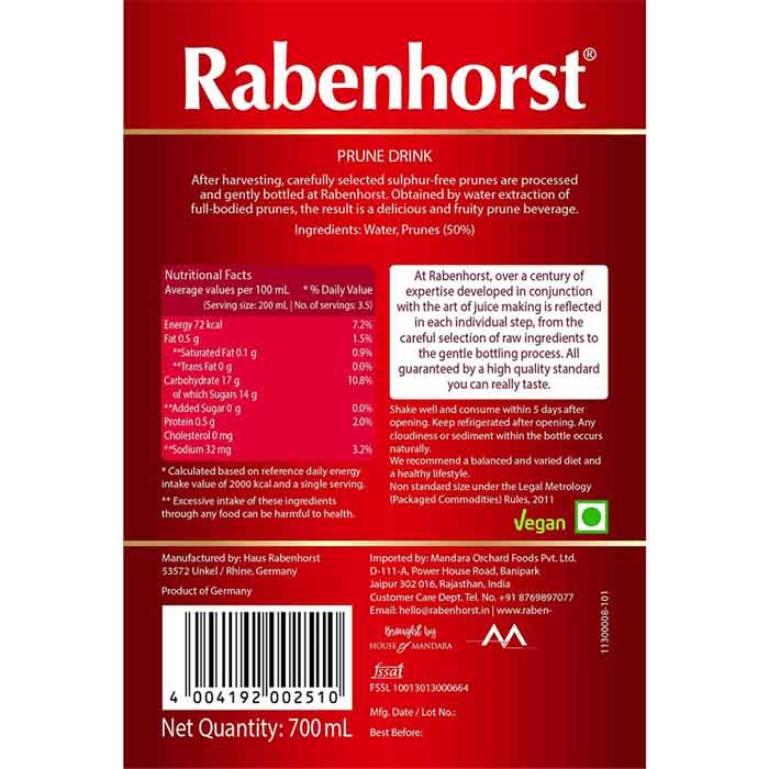 Rabenhorst - Prune Juice Drink - Sulphur free, 750ml  - back