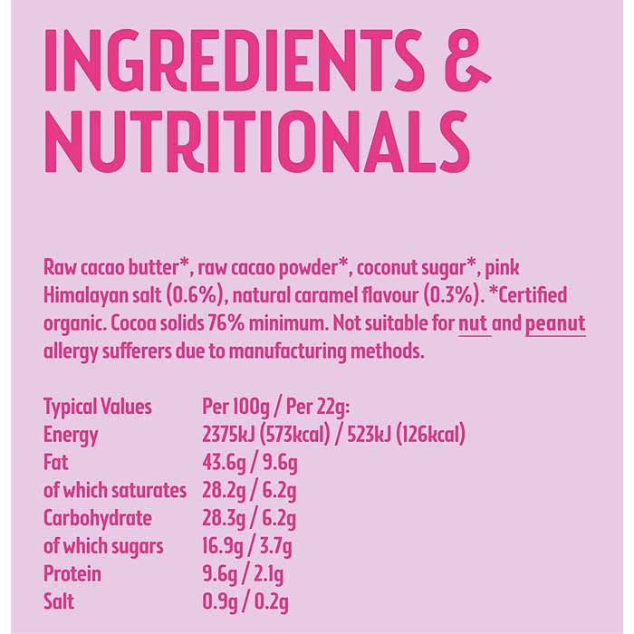 Raw Halo - Organic Dark Raw Chocolate - Dark + Salted Caramel (22g) 20 Bars - back