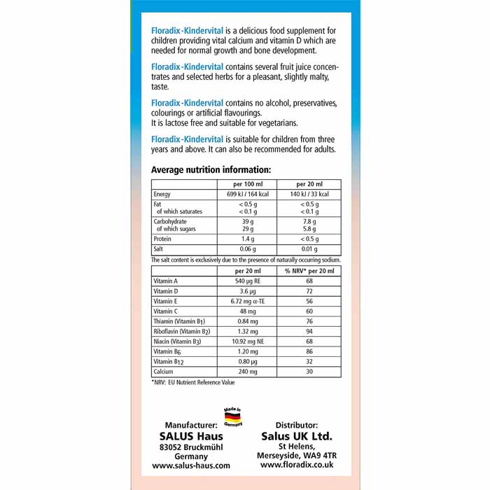 Salus - Floradix Kindervital for Children ,500ml  - back