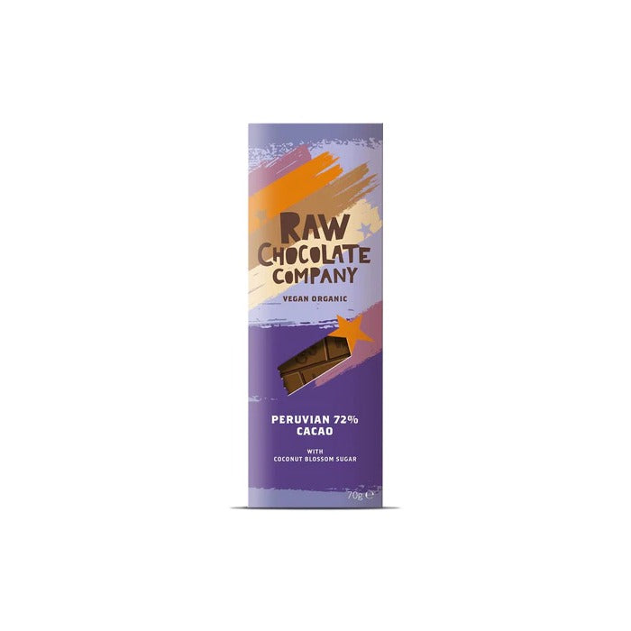 The Raw Chocolate Company - Organic Chocolate Bar with Coconut Blossom Sugar Peruvian 72% Cacao, 70g