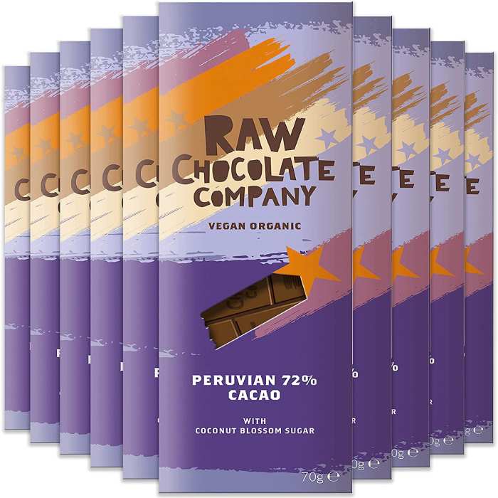 The Raw Chocolate Company - Organic Chocolate Bar with Coconut Blossom Sugar Peruvian 72% Cacao, 70g pack