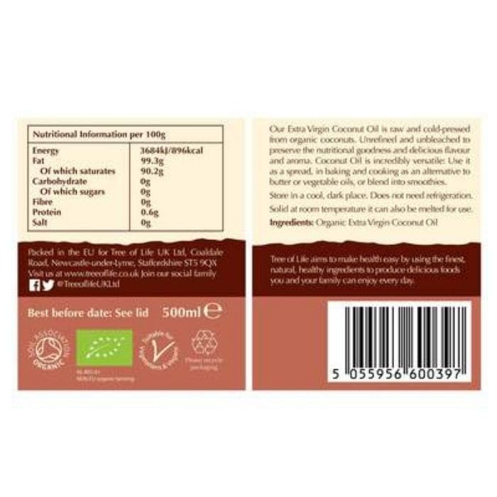 Tree Of Life - Organic Raw Extra Virgin Coconut Oil, 500ml - back